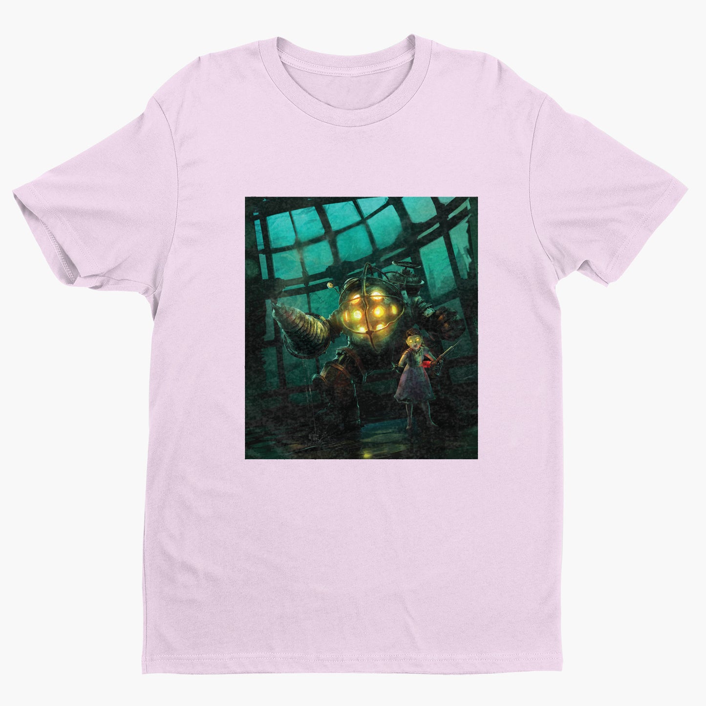 BioShock Big Daddy and Little Sister cover art t-shirt in light pink