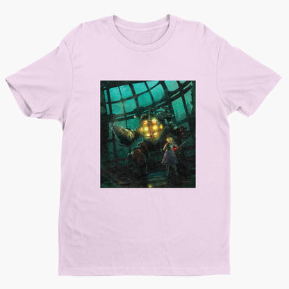 BioShock Big Daddy and Little Sister cover art t-shirt in light pink