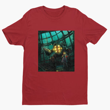BioShock Big Daddy and Little Sister cover art t-shirt in red