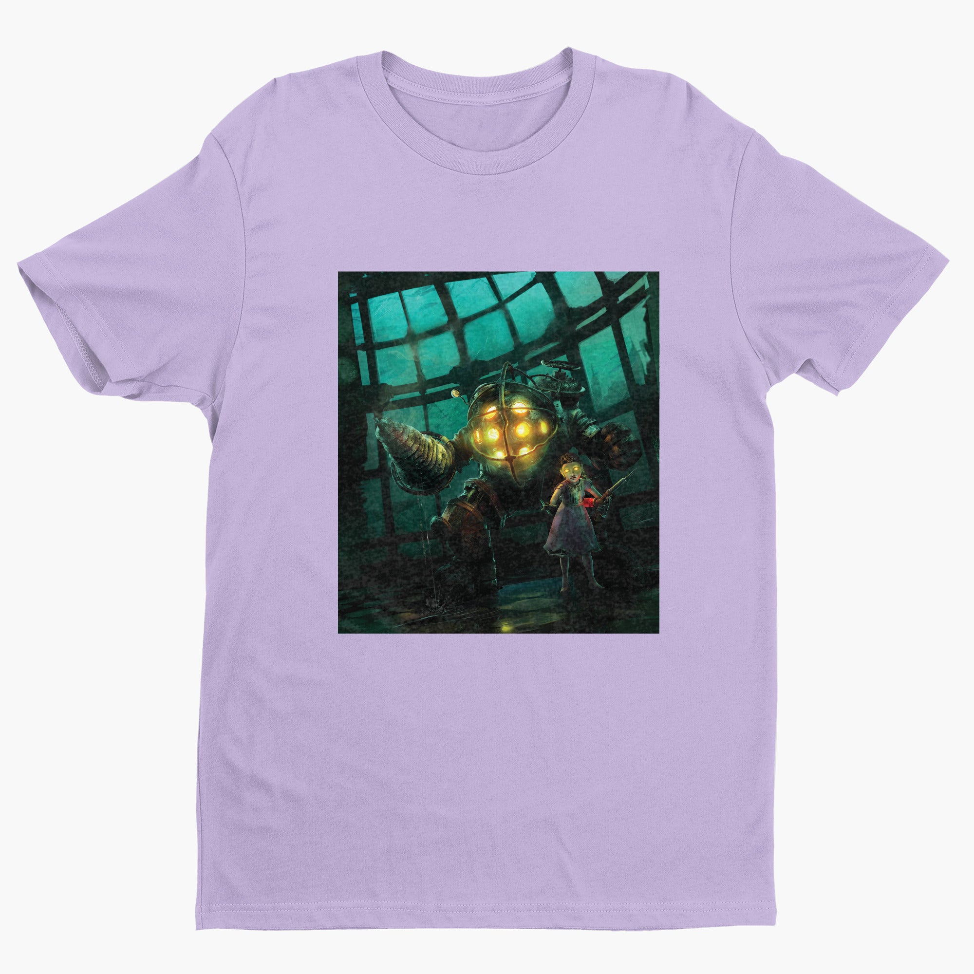 BioShock Big Daddy and Little Sister cover art t-shirt in violet