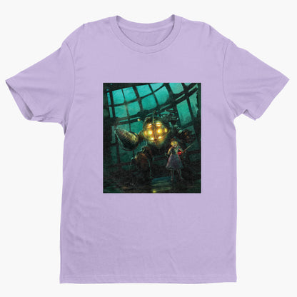 BioShock Big Daddy and Little Sister cover art t-shirt in violet