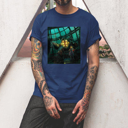 Man wearing navy BioShock cover art t-shirt