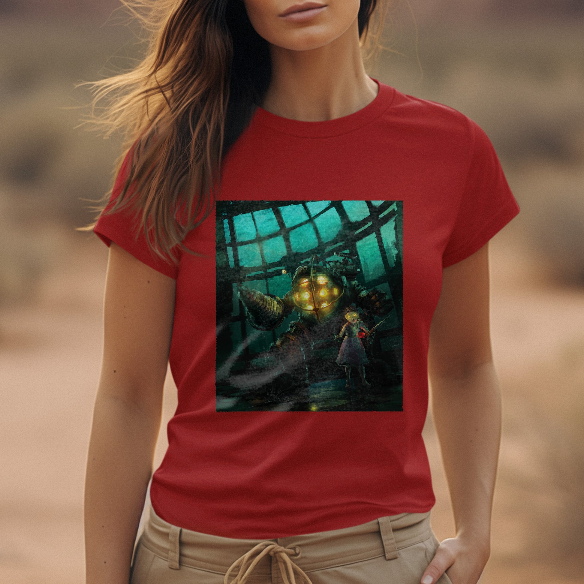 Red BioShock cover art t-shirt, print detail close up