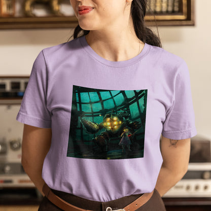 Woman wearing violet BioShock cover art t-shirt
