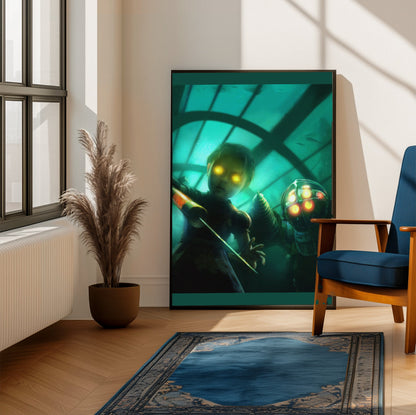 BioShock PS3 cover artwork poster on a living room wall