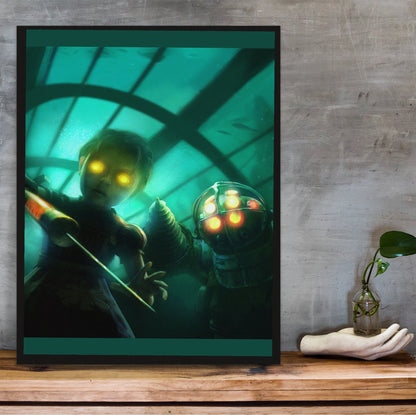 BioShock PS3 cover artwork poster hung above a desk