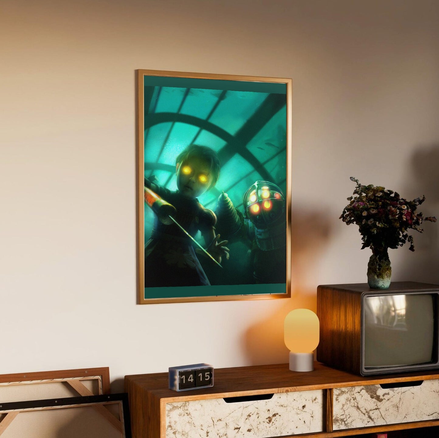 BioShock PS3 cover artwork poster styled on a gallery wall