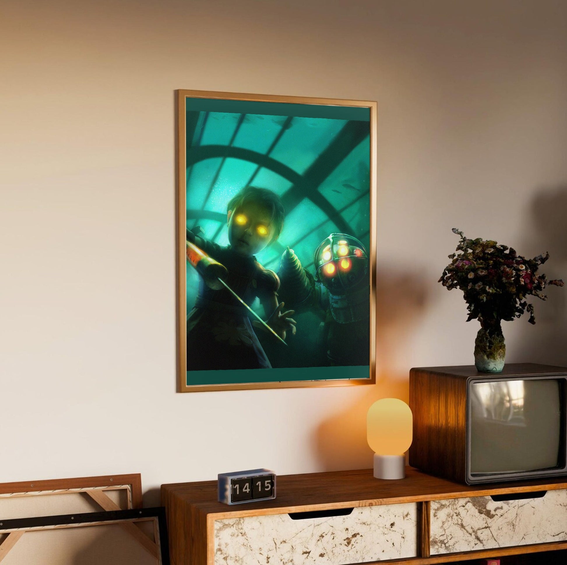 BioShock PS3 cover artwork poster styled on a gallery wall