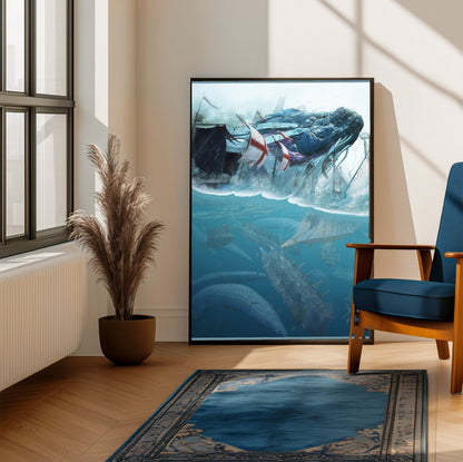 Black Desert Online sea creature poster on a living room wall