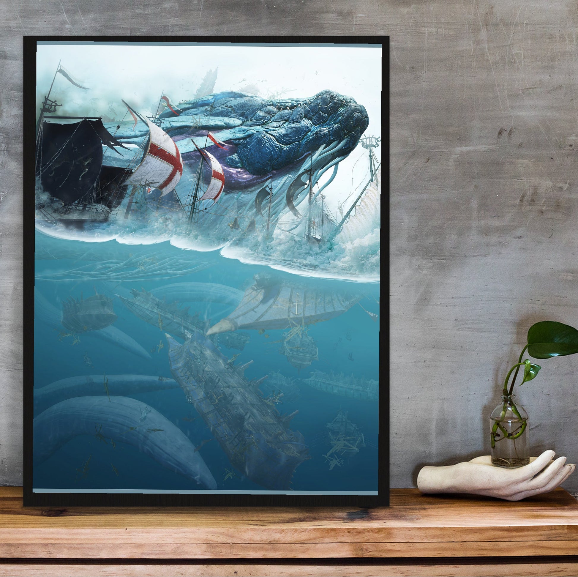 Black Desert Online sea creature poster hung above a desk