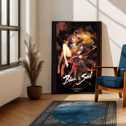 Blade & Soul flame promo poster on a living room wall