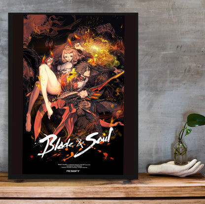 Blade & Soul flame promo poster hung above a desk