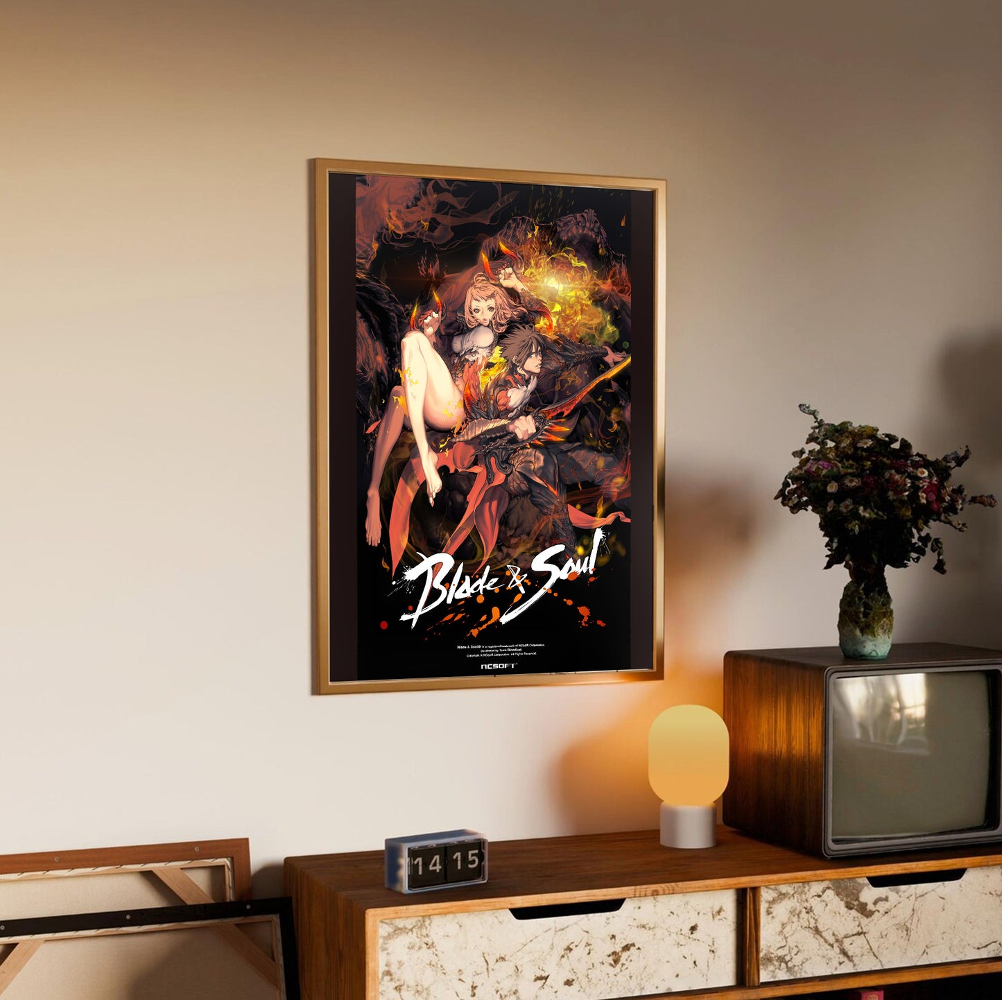 Blade & Soul flame promo poster styled on a gallery wall