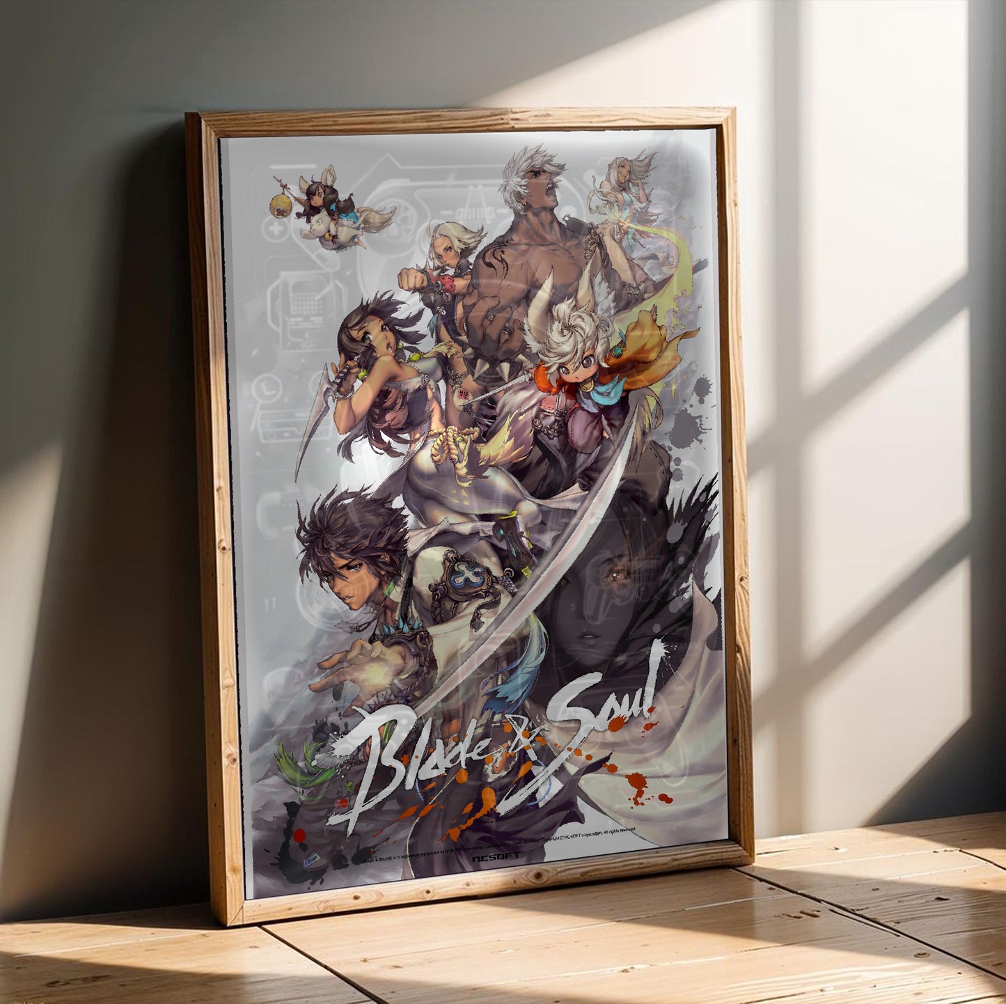 Blade & Soul full cast poster in a modern interior