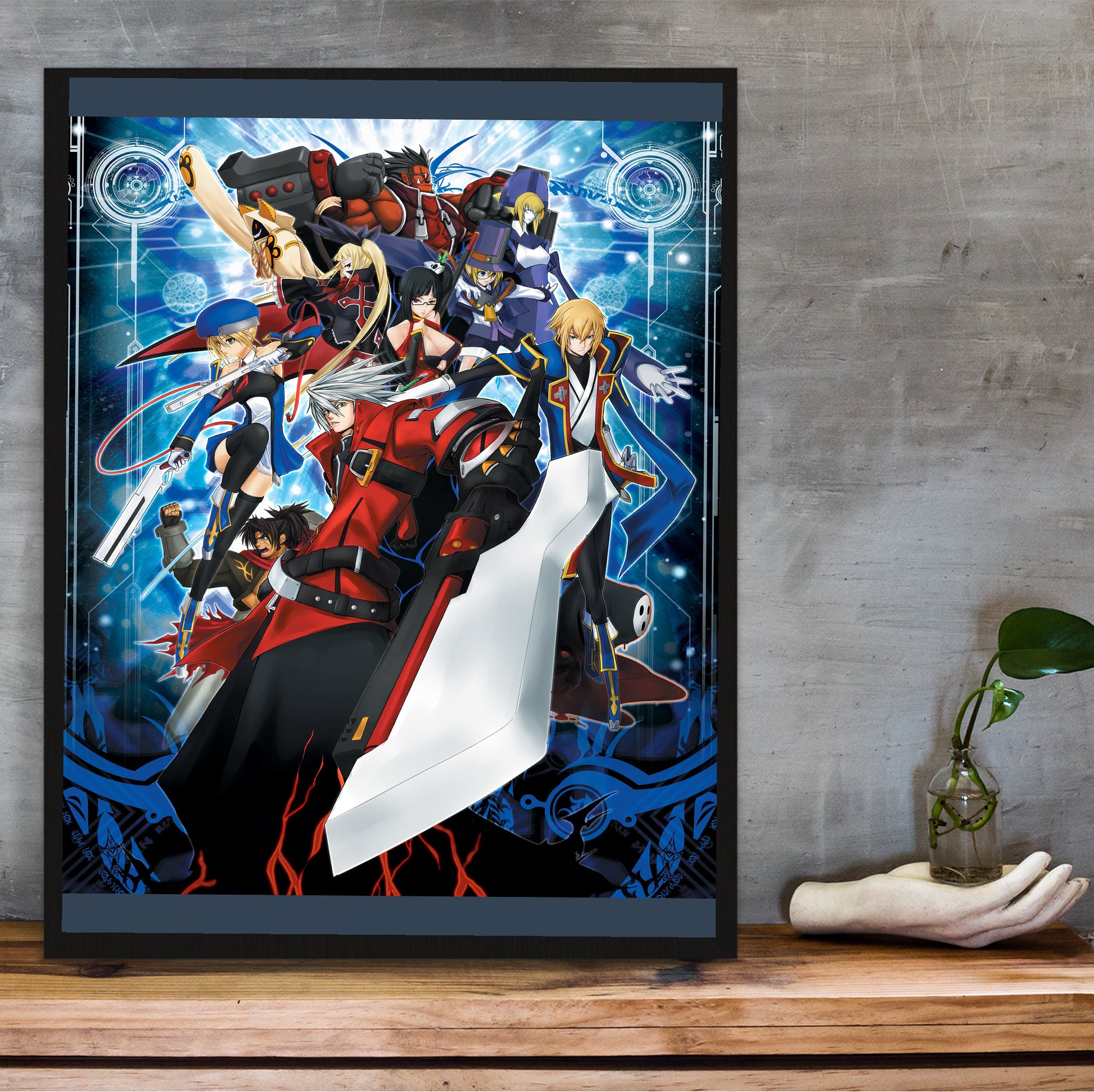 BlazBlue Calamity Trigger cover art poster hung above a desk