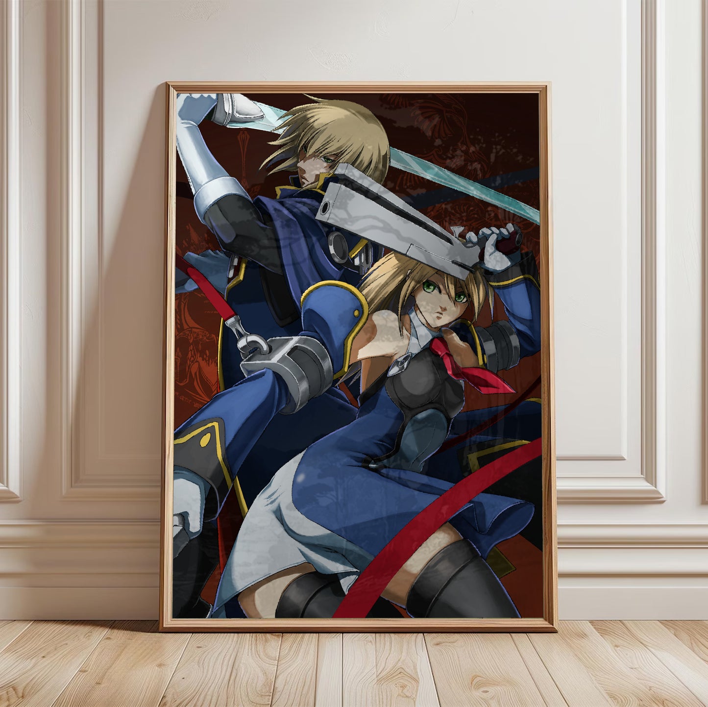 BlazBlue Jin and Noel poster in a framed room setting