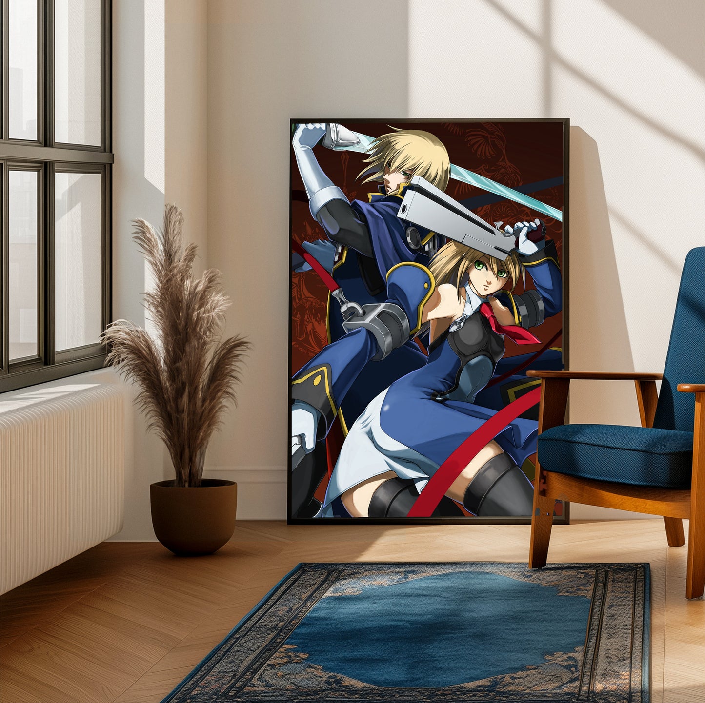 BlazBlue Jin and Noel poster on a living room wall