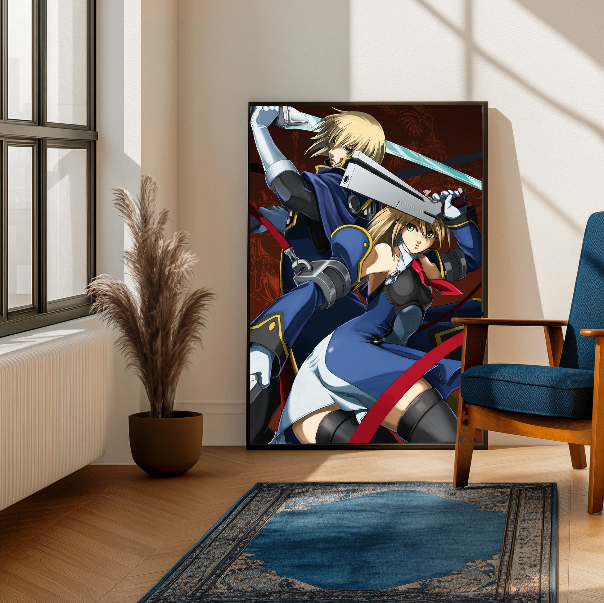 BlazBlue Jin and Noel poster on a living room wall