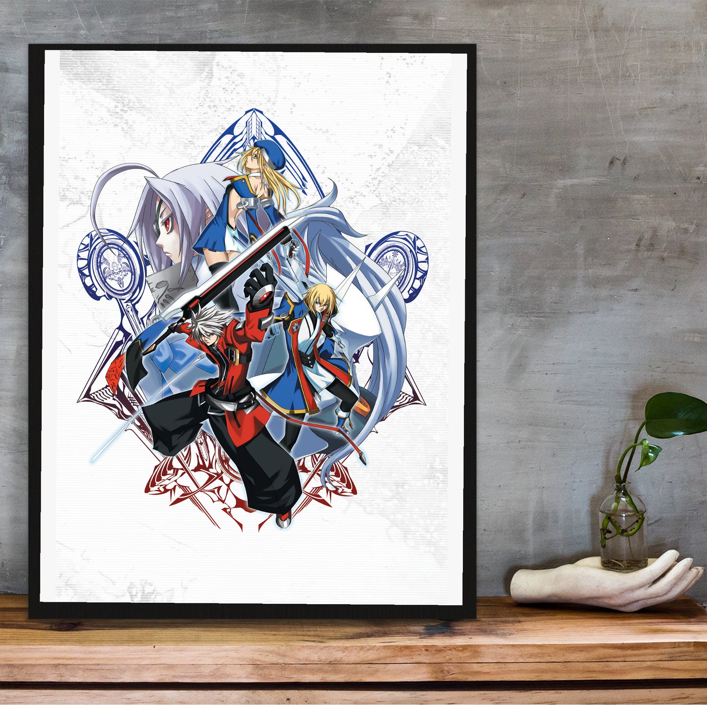 BlazBlue Calamity Trigger Portable cast poster hung above a desk
