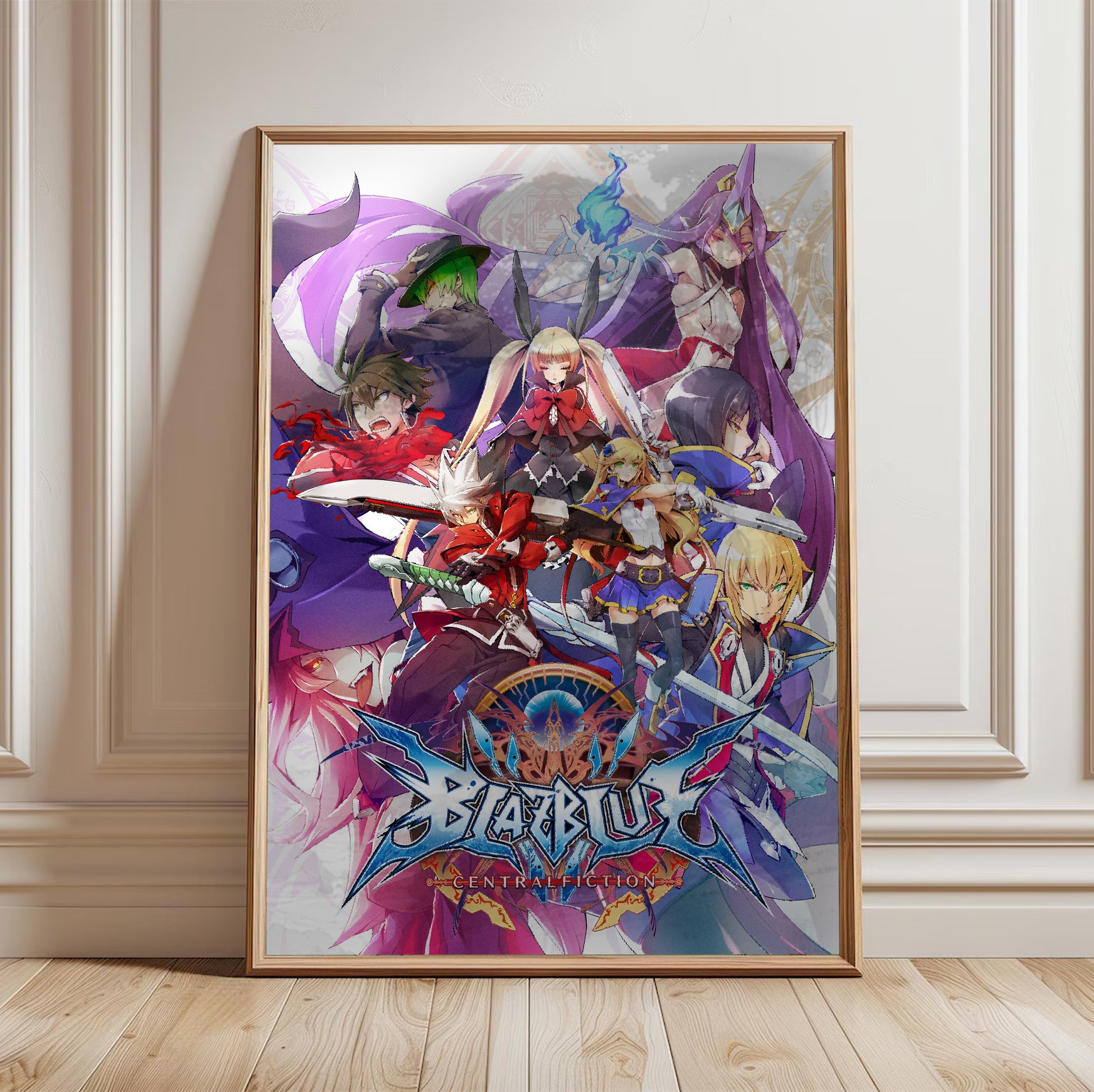 BlazBlue Central Fiction poster in a framed room setting