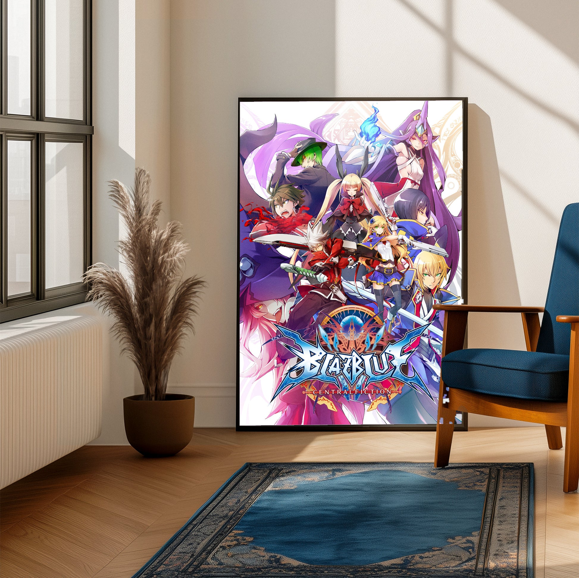BlazBlue Central Fiction poster on a living room wall