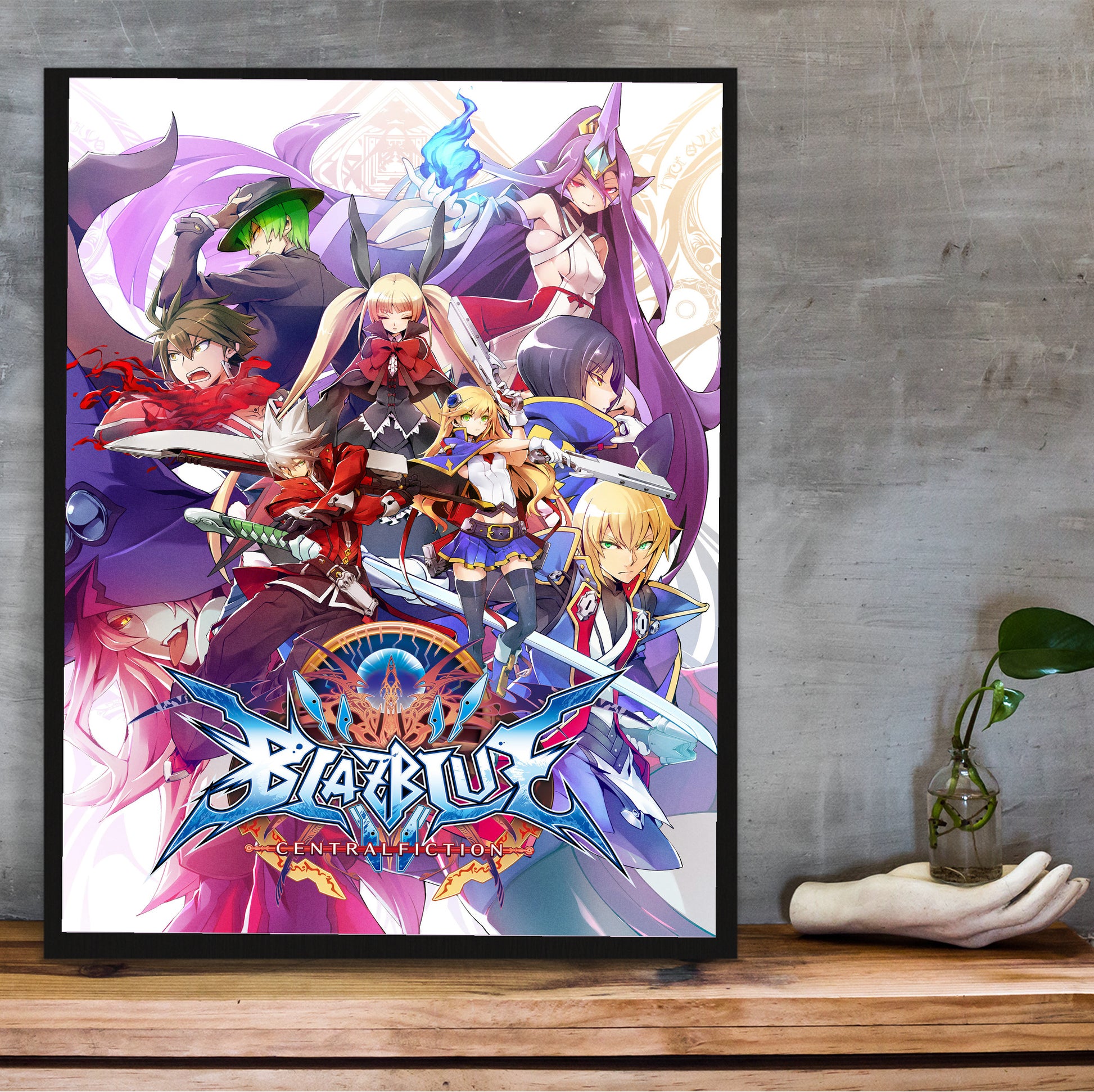 BlazBlue Central Fiction poster hung above a desk