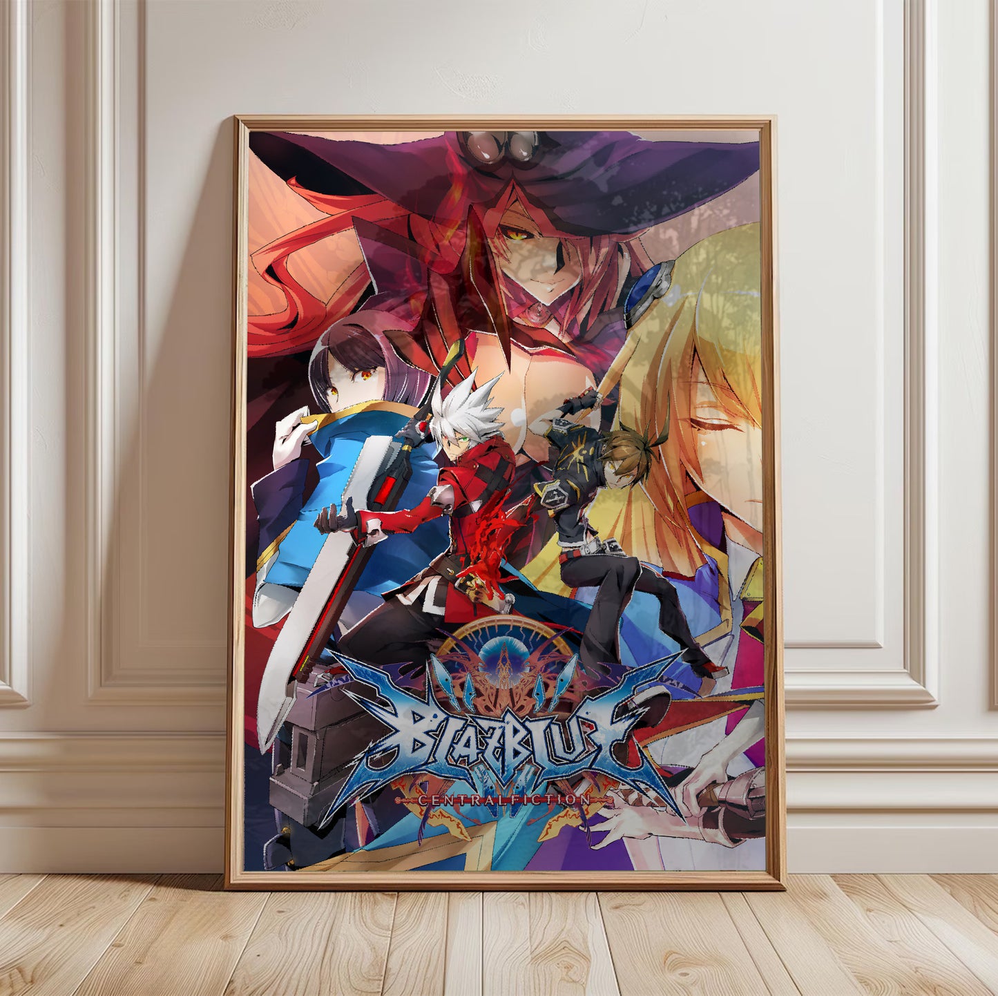 BlazBlue Central Fiction key artwork poster in a framed room setting