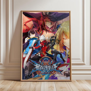 BlazBlue Central Fiction key artwork poster in a framed room setting