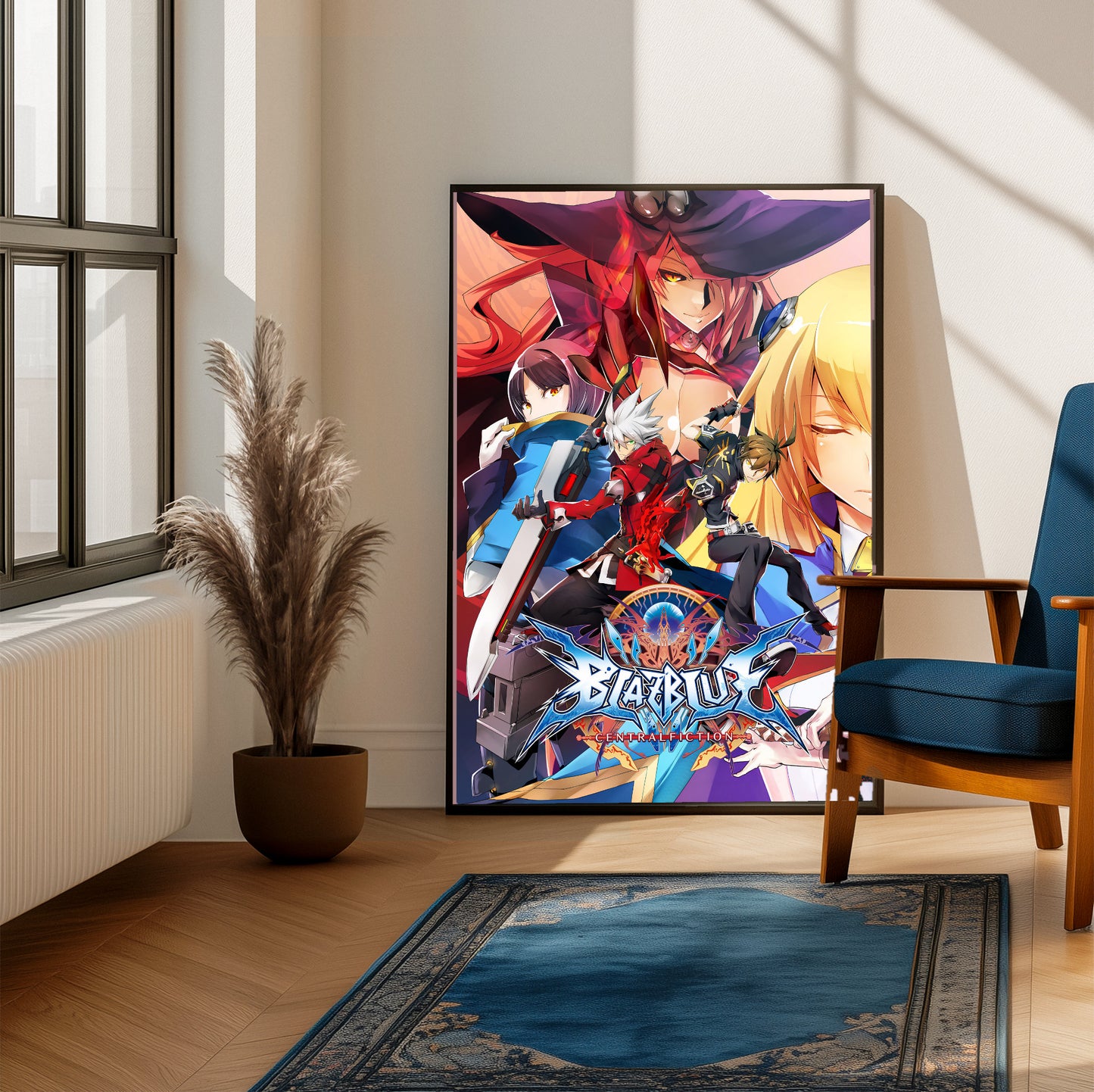 BlazBlue Central Fiction key artwork poster on a living room wall
