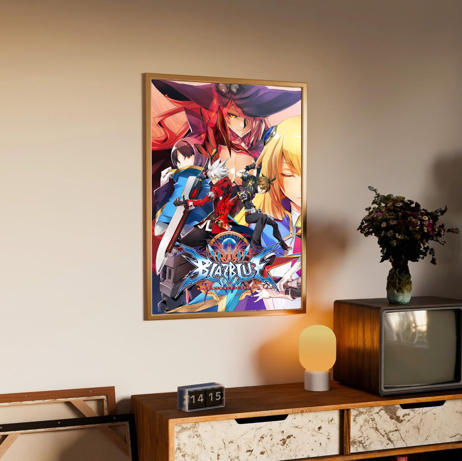 BlazBlue Central Fiction key artwork poster styled on a gallery wall