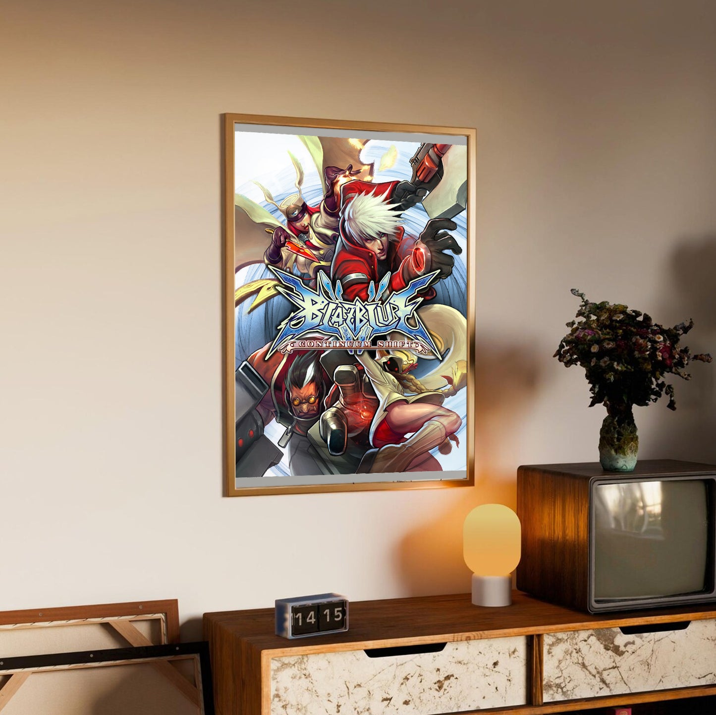 BlazBlue Continuum Shift poster styled on a gallery wall