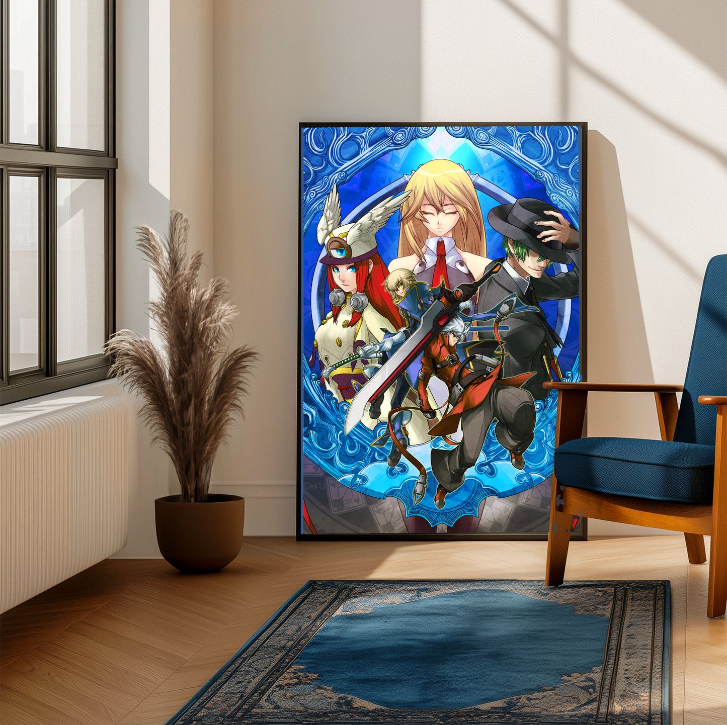 BlazBlue Continuum Shift promo art poster on a living room wall