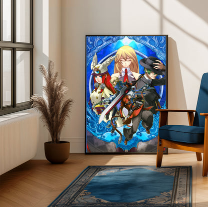 BlazBlue Continuum Shift promo art poster on a living room wall