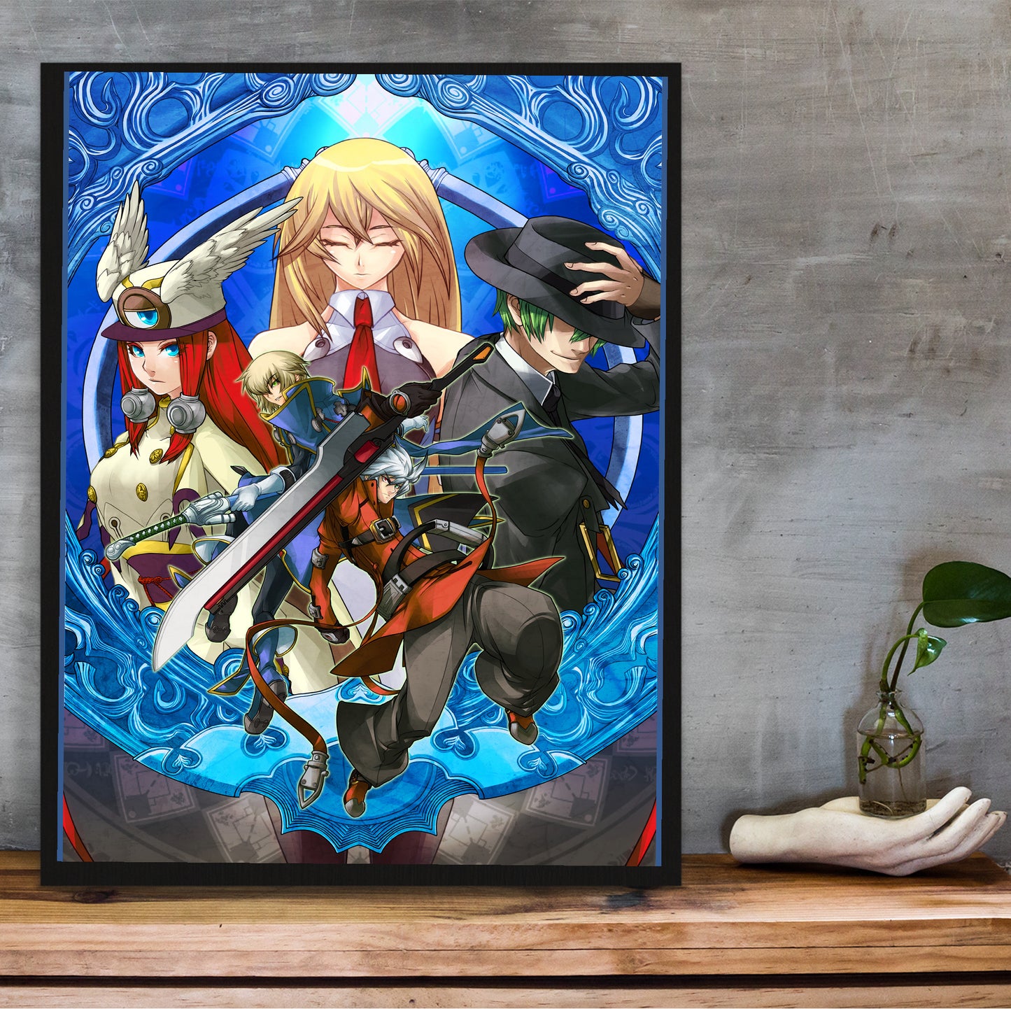BlazBlue Continuum Shift promo art poster hung above a desk