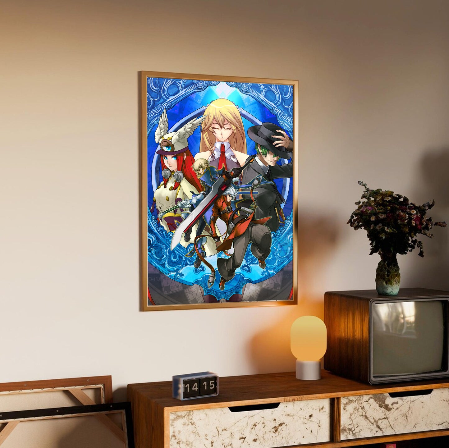 BlazBlue Continuum Shift promo art poster styled on a gallery wall