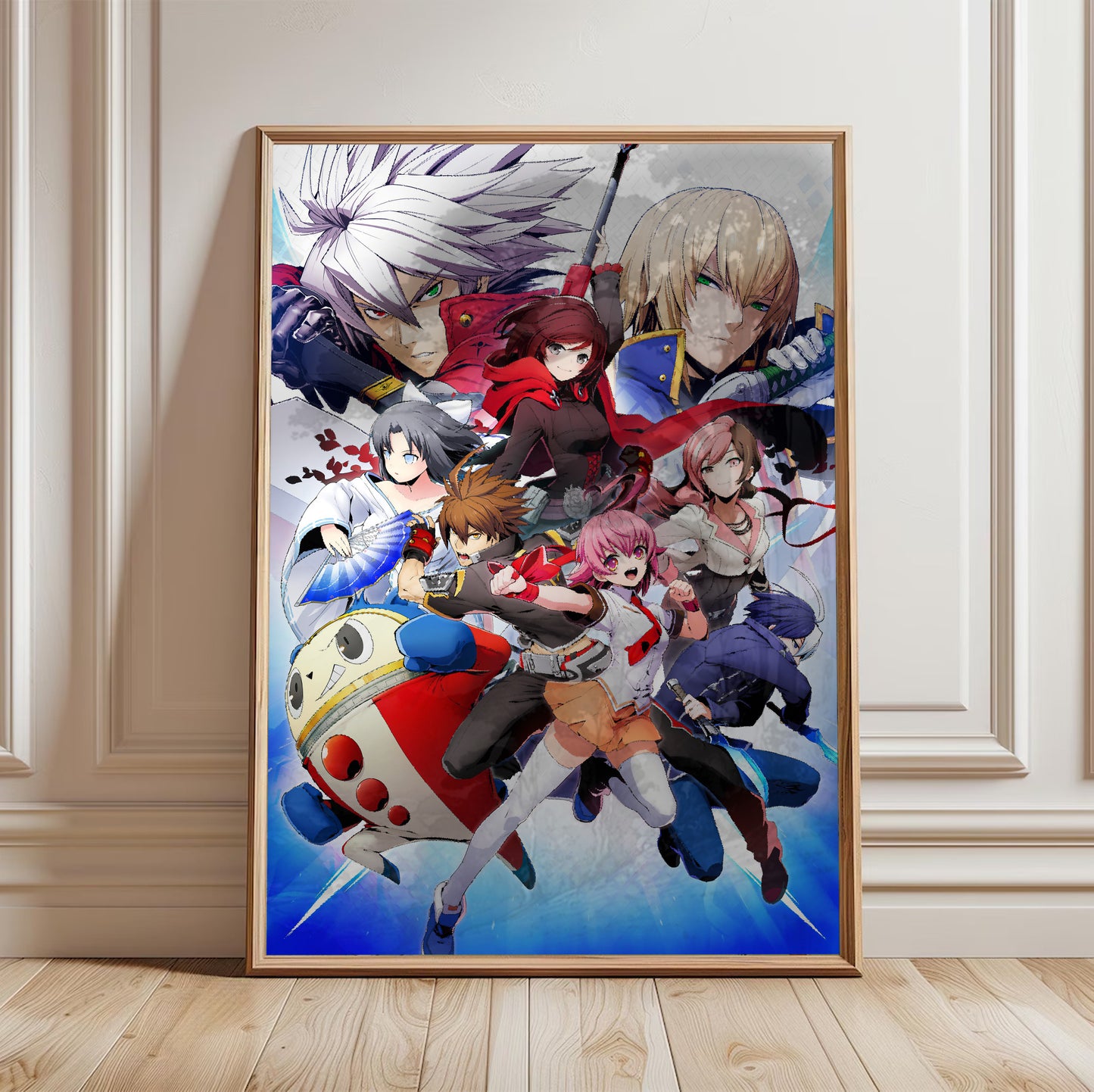 BlazBlue Cross Tag Battle poster in a framed room setting