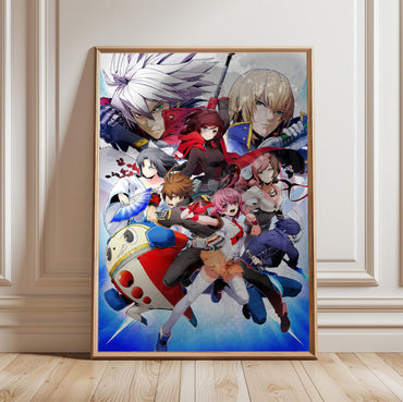 BlazBlue Cross Tag Battle poster in a framed room setting