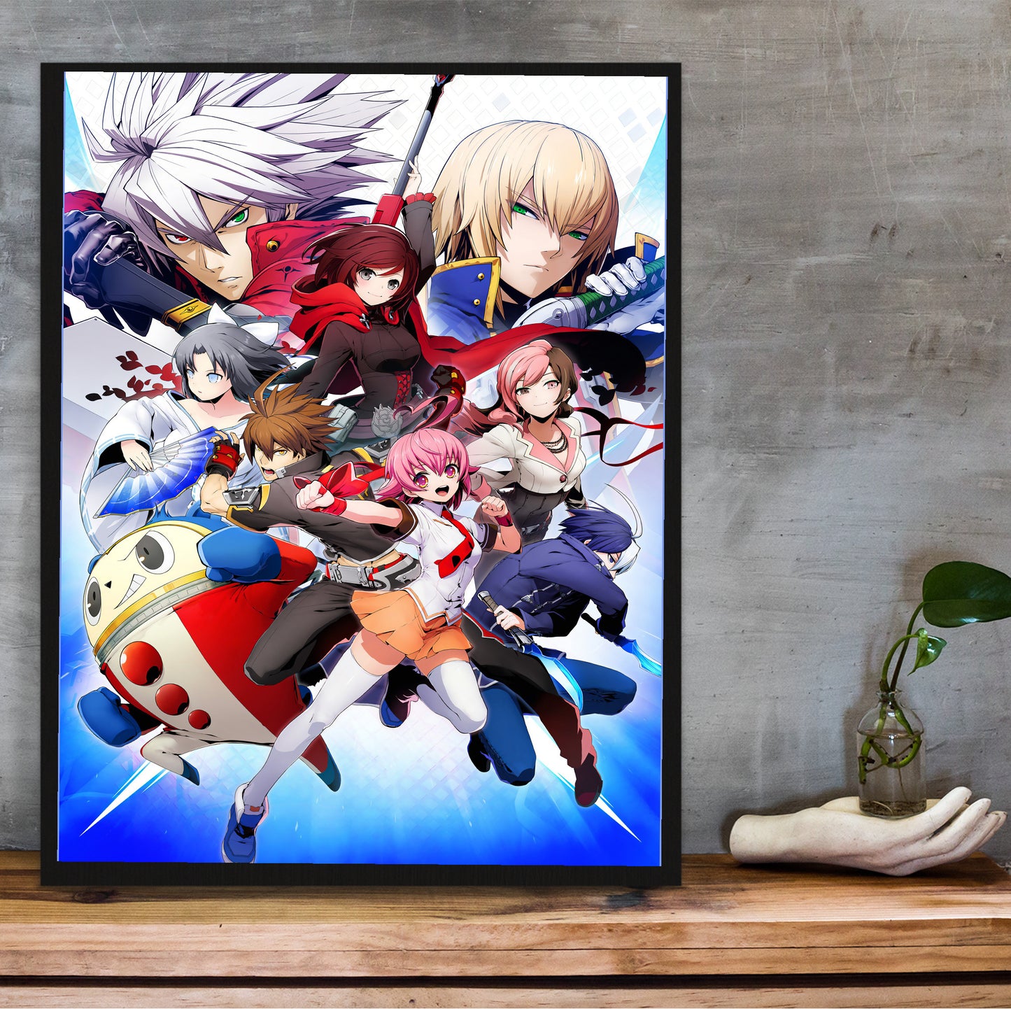 BlazBlue Cross Tag Battle poster hung above a desk