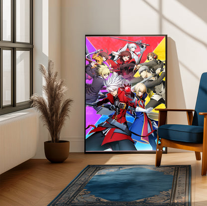 BlazBlue Cross Tag Battle key art poster on a living room wall
