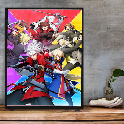 BlazBlue Cross Tag Battle key art poster hung above a desk