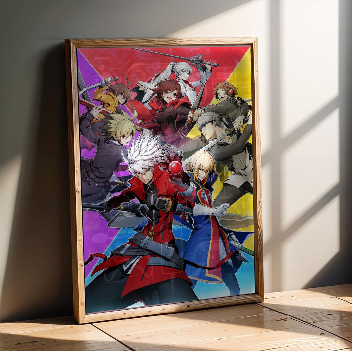 BlazBlue Cross Tag Battle key art poster in a modern interior