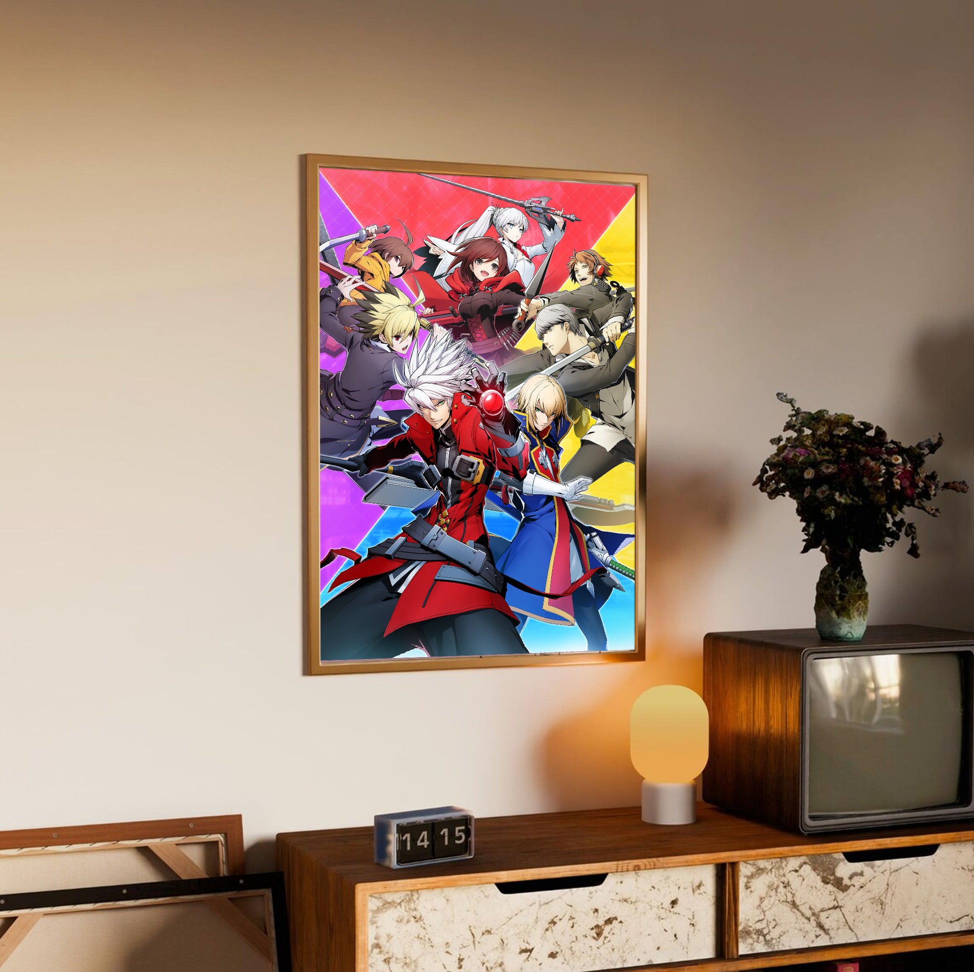 BlazBlue Cross Tag Battle key art poster styled on a gallery wall