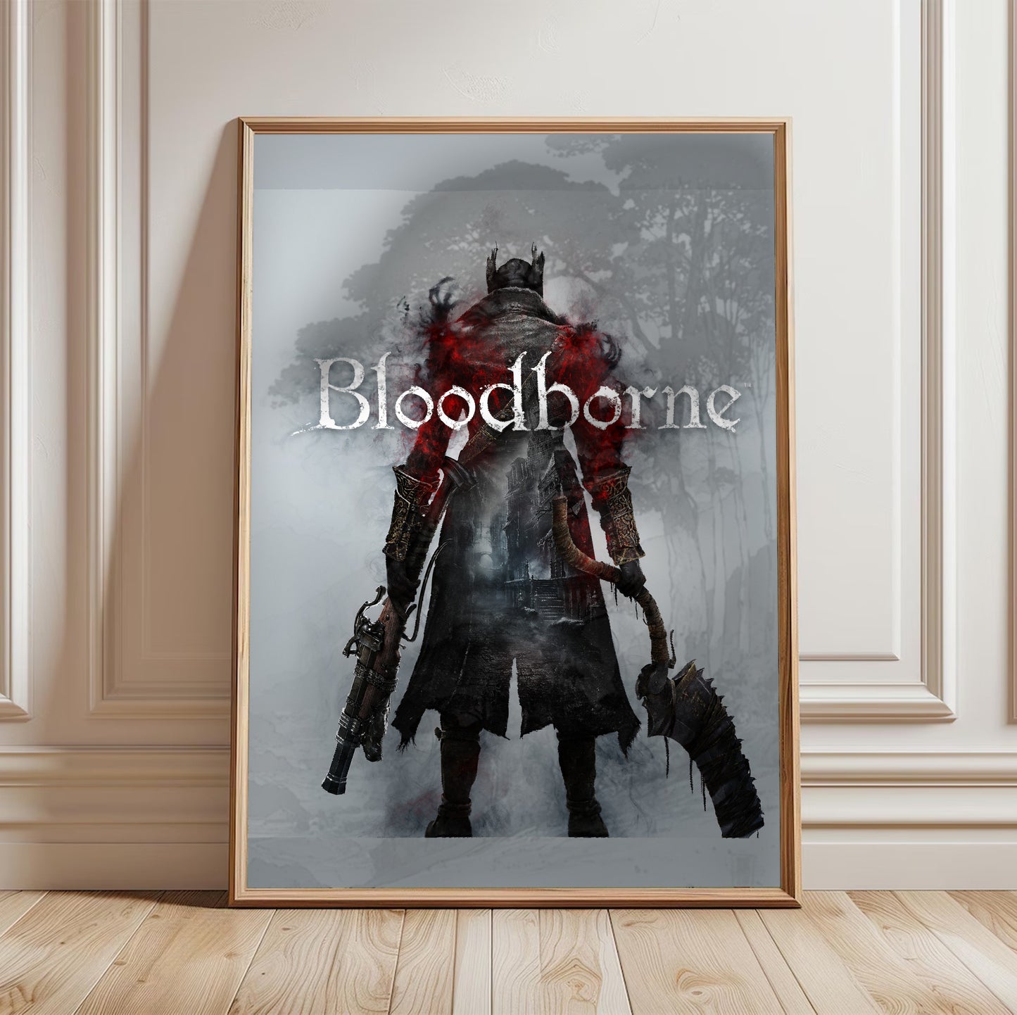 Bloodborne box art poster in a framed room setting