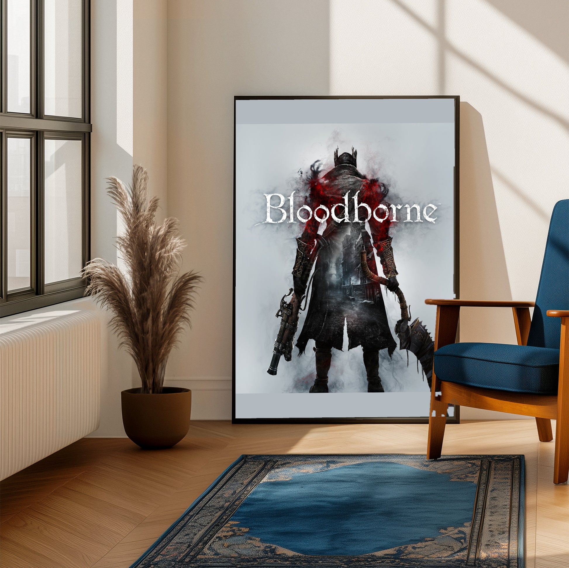 Bloodborne box art poster on a living room wall