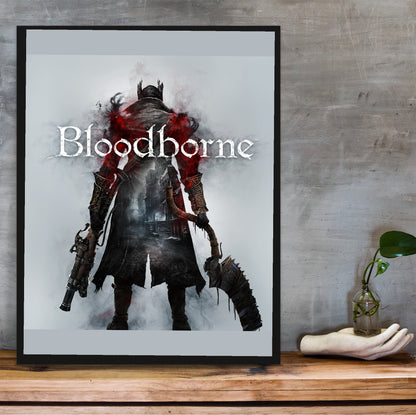 Bloodborne box art poster hung above a desk