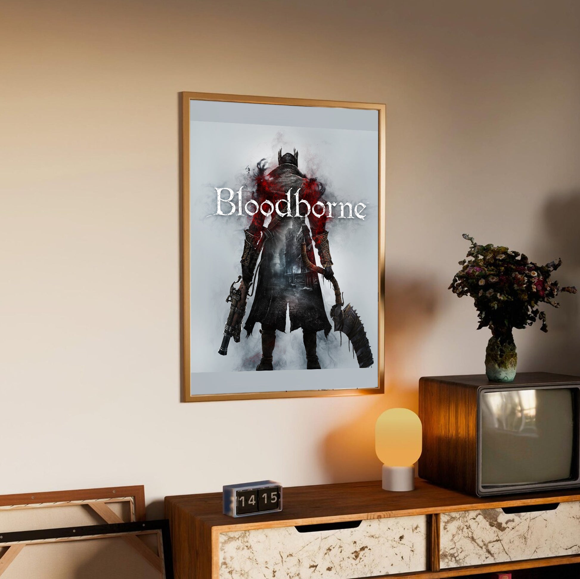 Bloodborne box art poster styled on a gallery wall