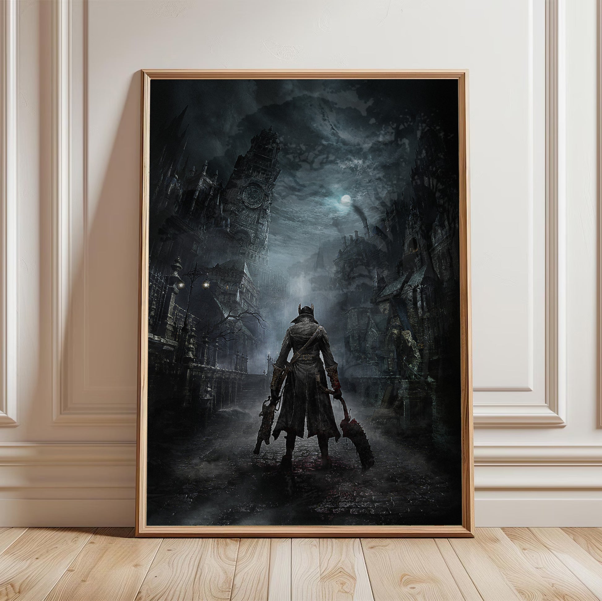Bloodborne Yharnam key art poster in a framed room setting