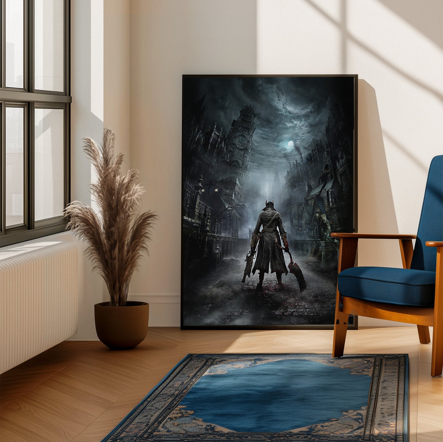 Bloodborne Yharnam key art poster on a living room wall
