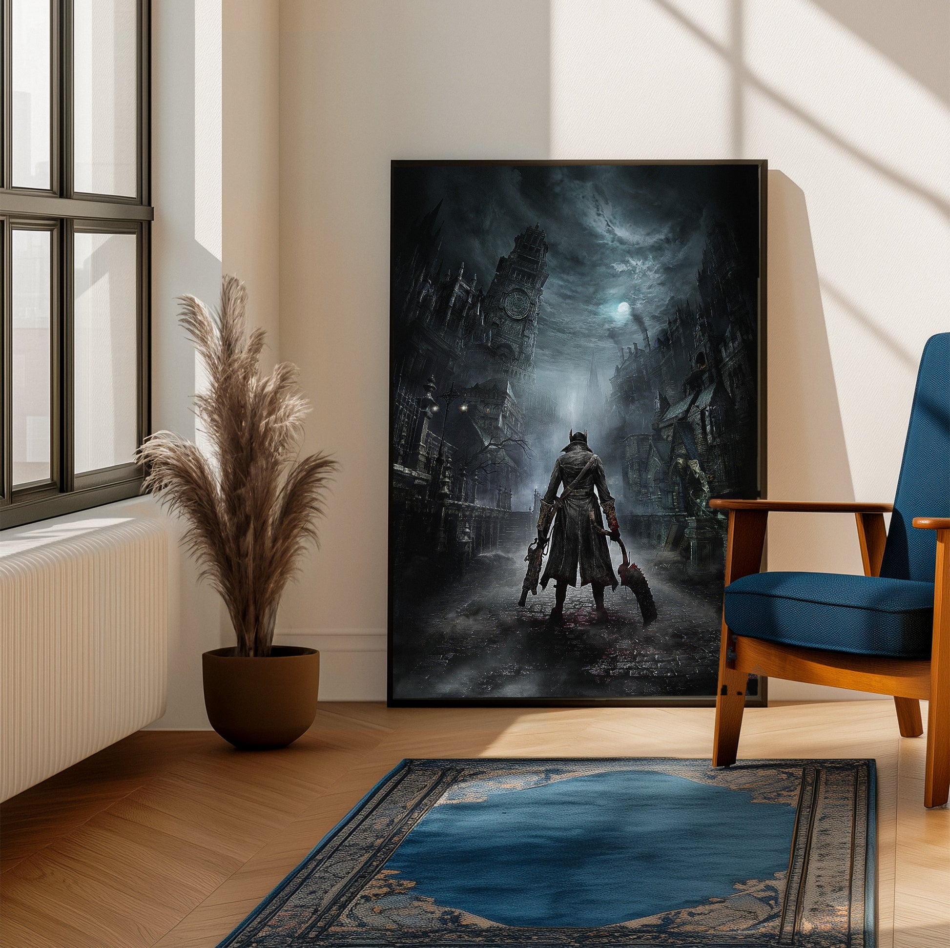 Bloodborne Yharnam key art poster on a living room wall