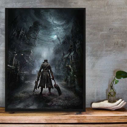 Bloodborne Yharnam key art poster hung above a desk